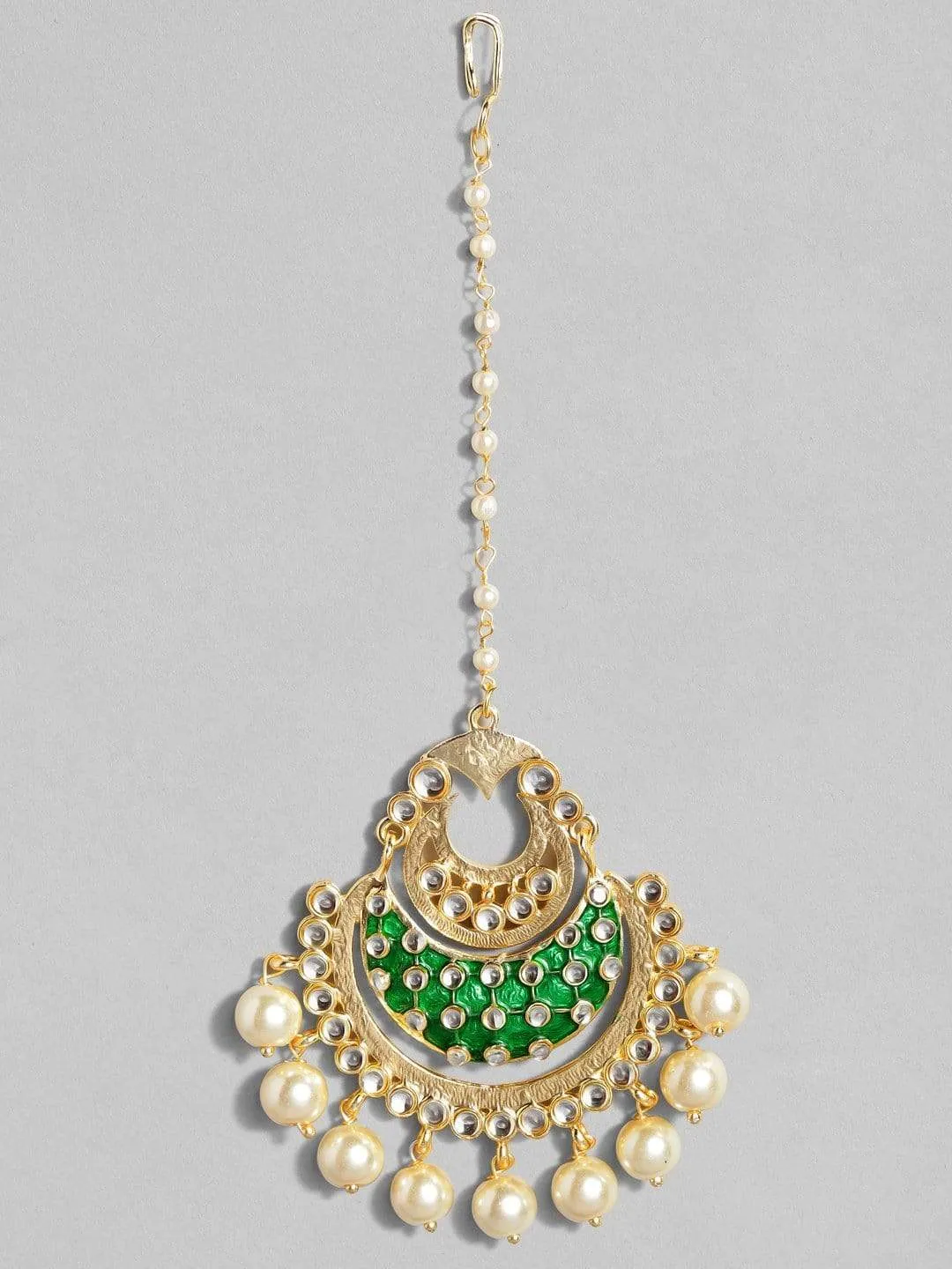 Rubans Gold-Plated White & Green Kundan-Studded Beaded Enamelled Handcrafted Maang Tikka