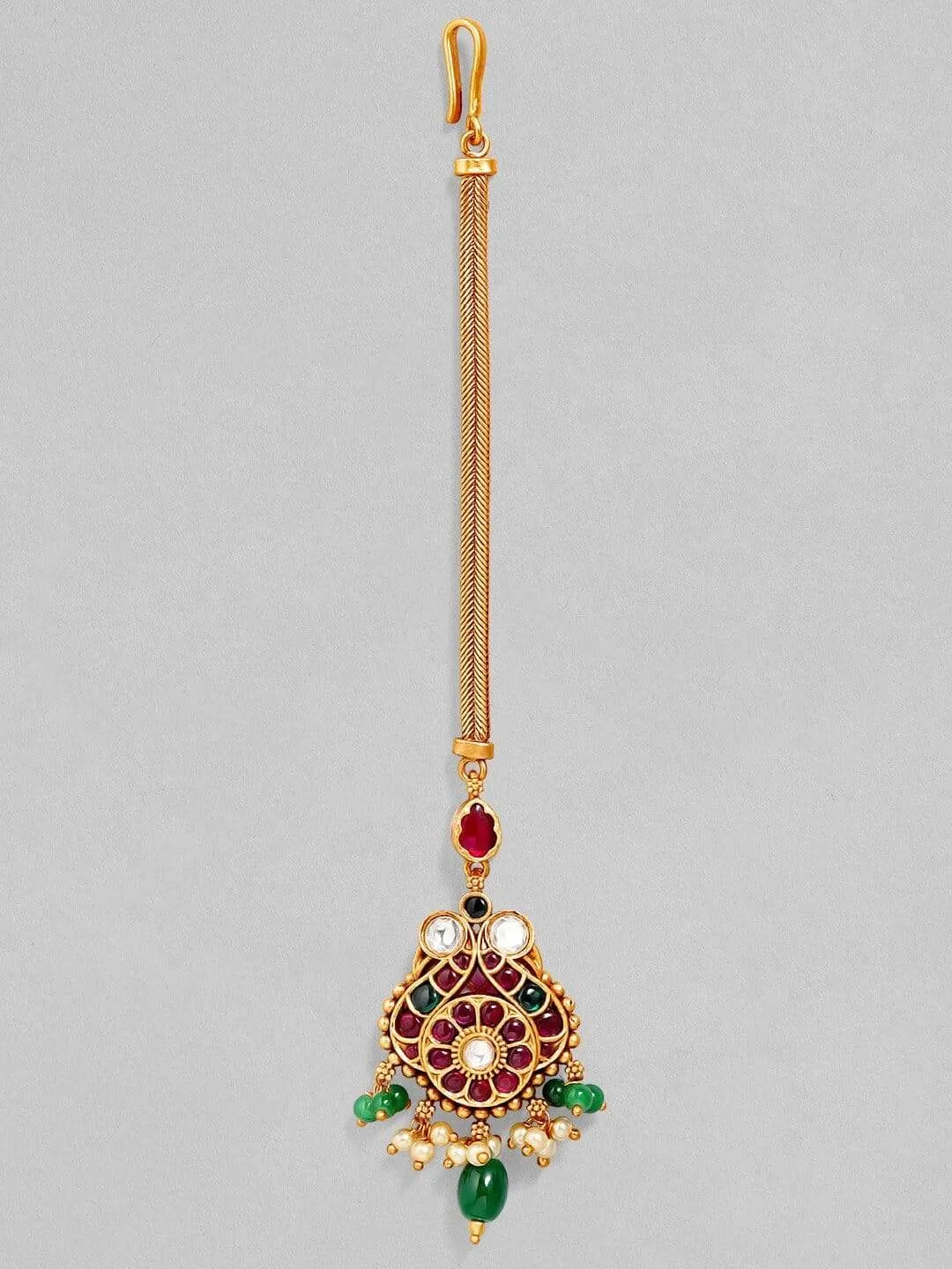 rubans LUXURY 24K Gold-Plated Pink & Green Ruby-Studded & Beaded Handcrafted Maang Tikka