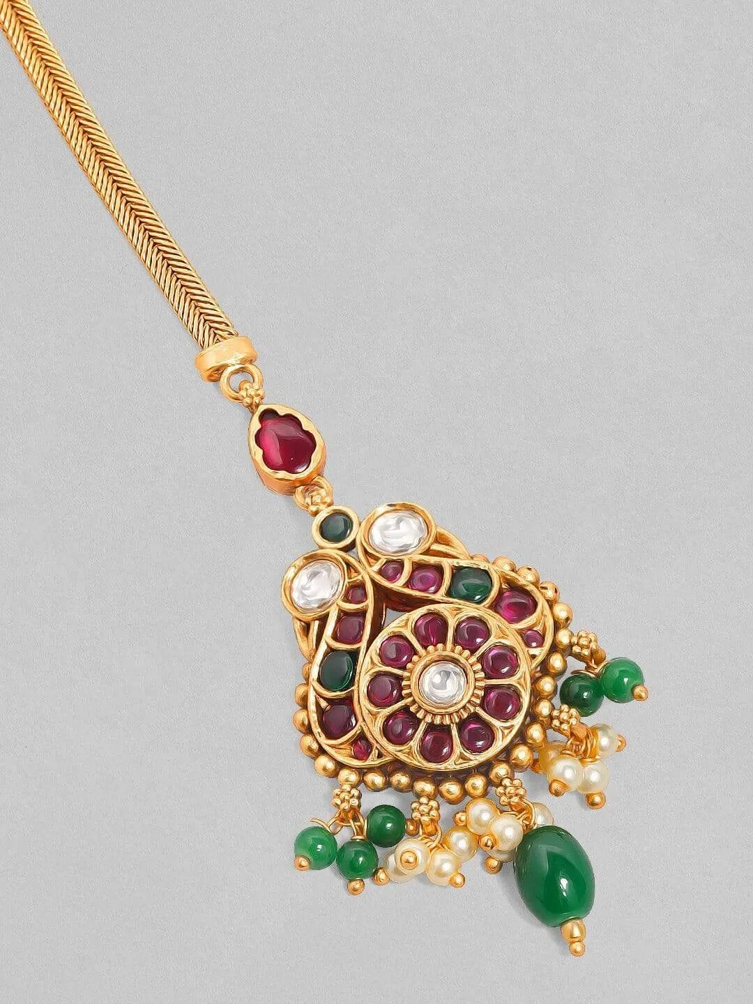 rubans LUXURY 24K Gold-Plated Pink & Green Ruby-Studded & Beaded Handcrafted Maang Tikka