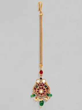 rubans LUXURY 24K Gold-Plated Pink & Green Ruby-Studded & Beaded Handcrafted Maang Tikka