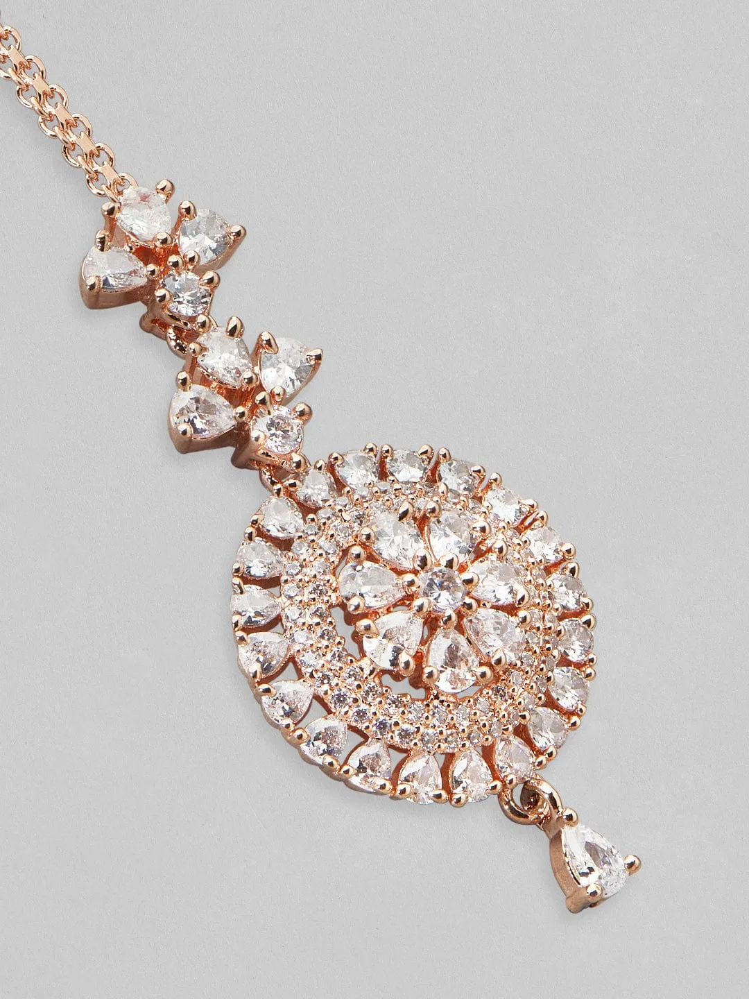 Rubans Rose Gold-Plated White Stoned Round Shapped AD-Studded MaangTikka