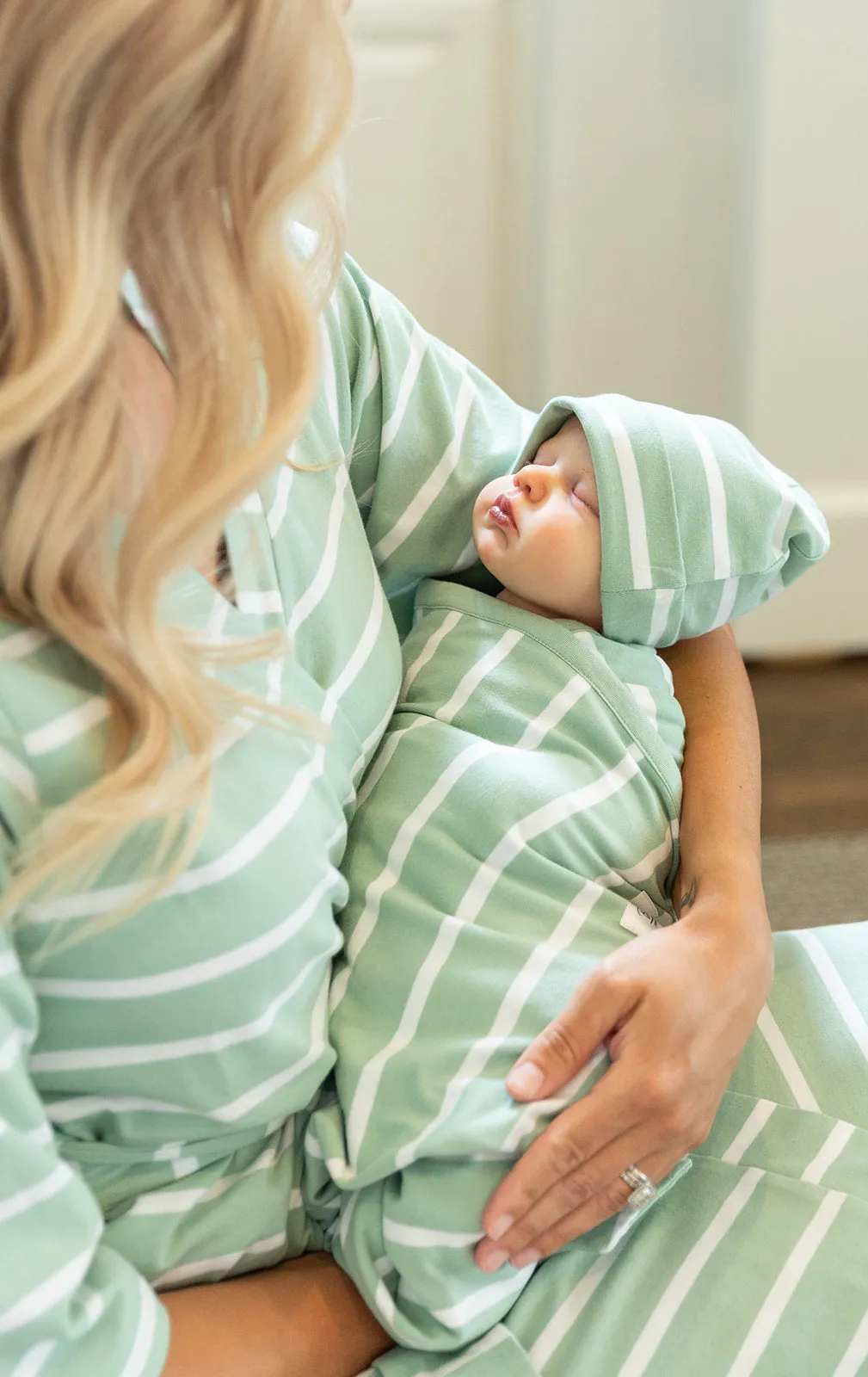 Sage Stripe Robe & Newborn Swaddle Blanket Set