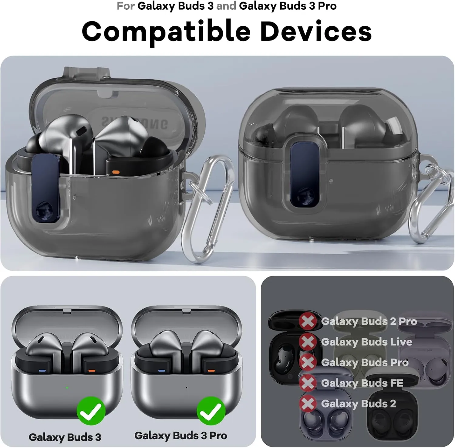 Samsung Galaxy Buds3 Case & Galaxy Buds 3 Pro Case Cover |Anti-drop Anti-scratch Lock Clip Flexible TPU Clear Protection Case with Carabiner- Black