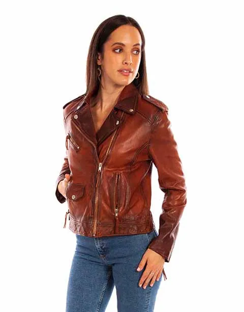 Scully Ladies Vintage Brown Lambskin Biker Jacket