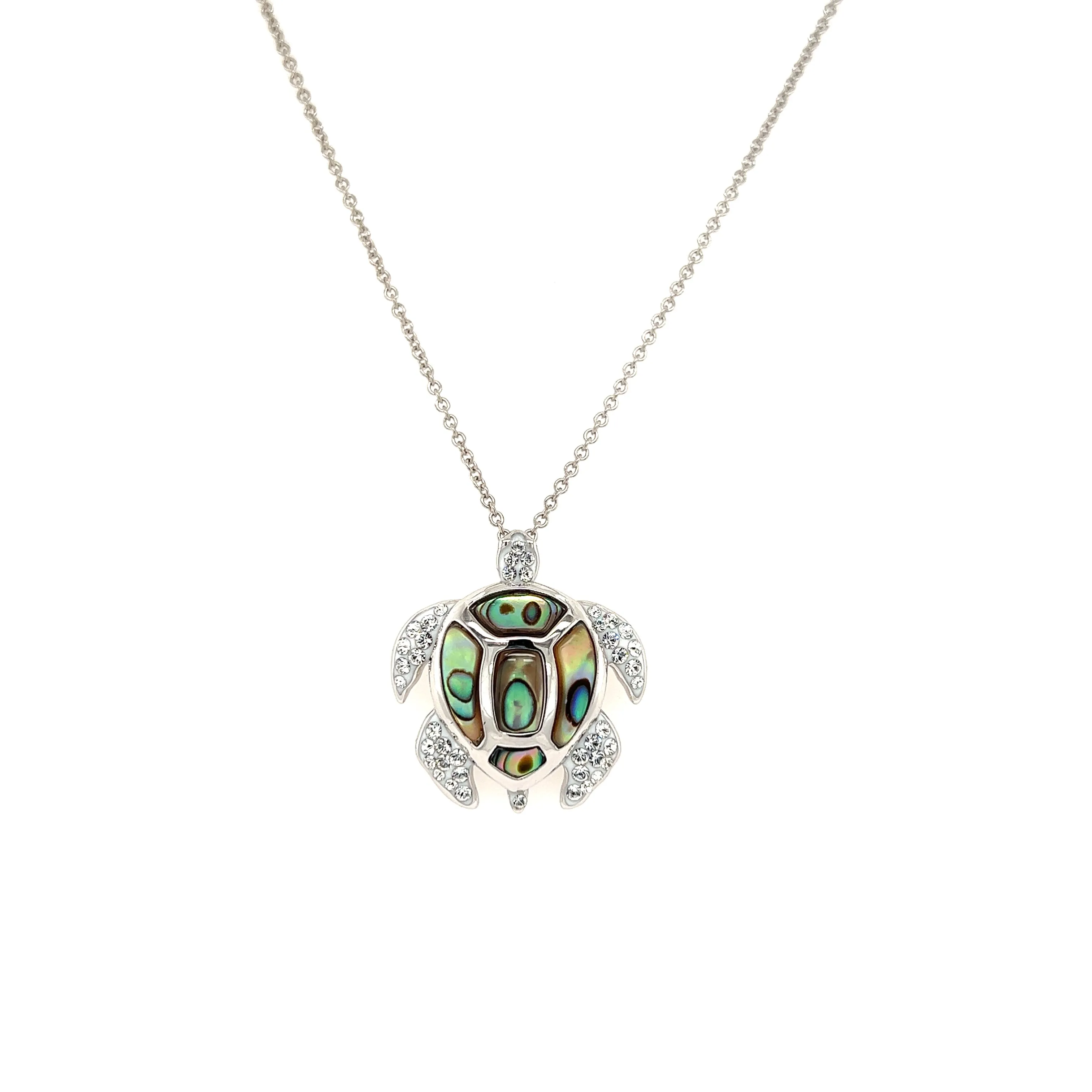 Sea Turtle Necklace with Abalone Shell Accents and White Crystals in Sterling Silver