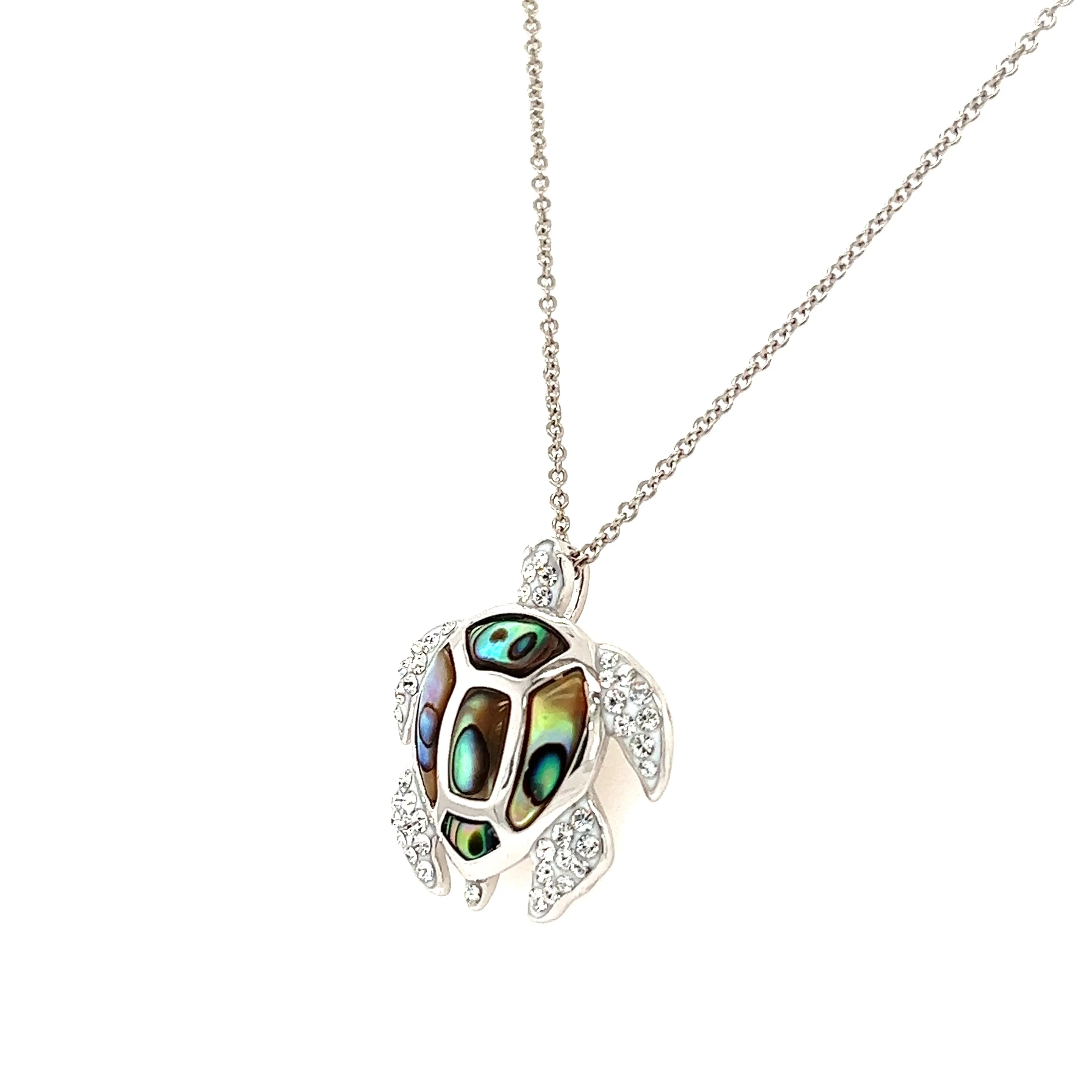 Sea Turtle Necklace with Abalone Shell Accents and White Crystals in Sterling Silver