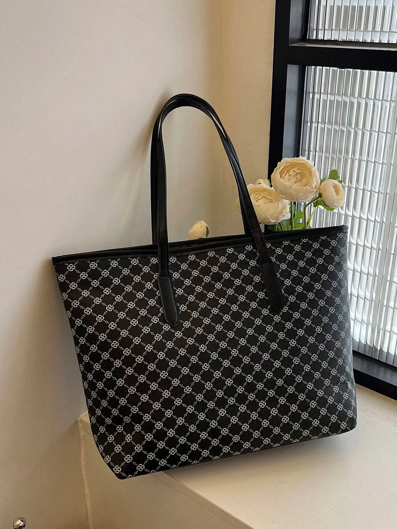 SHEIN Large Shoulder Tote Bag Geometric Pattern Studded Decor