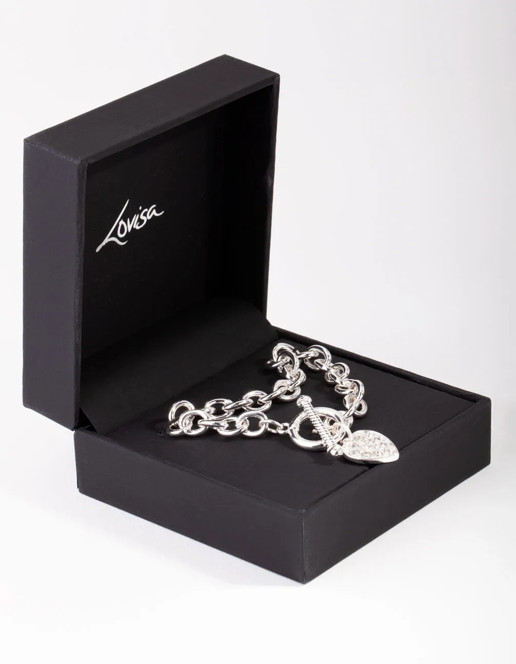 Silver Pave Heart & Chain Bracelet