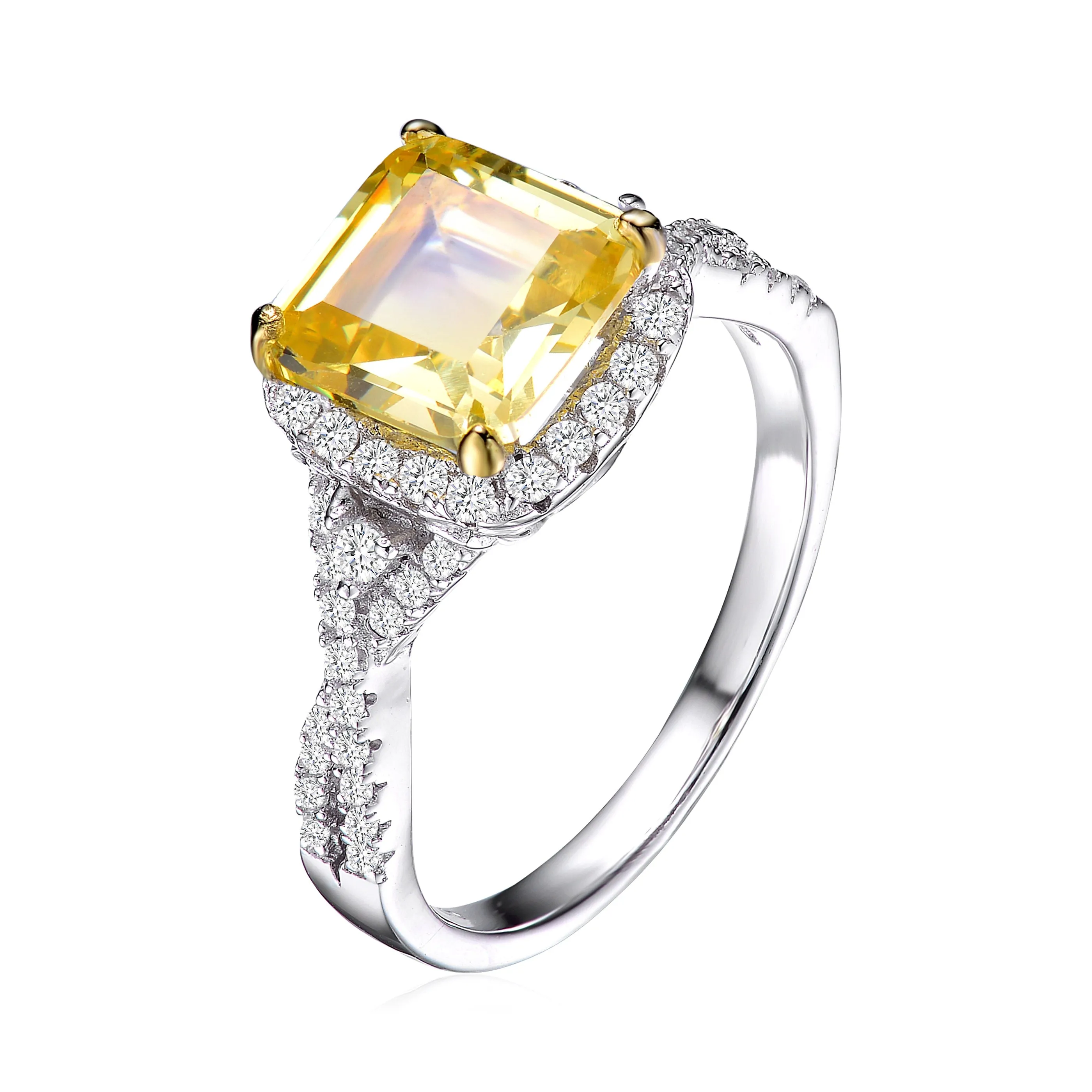 Sterling Silver with Rhodium Plated Yellow Cushion Cubic Zirconia with Clear Round Cubic Zirconias Accent Twisted Ring