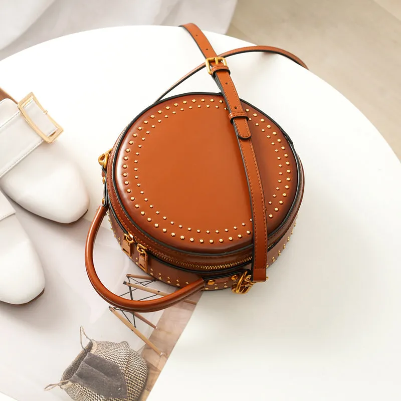 Studded Leather Round Handbag Clutch Bag Purse