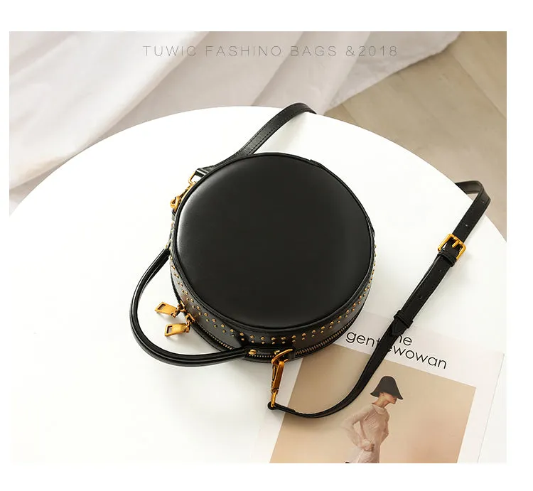 Studded Leather Round Handbag Clutch Bag Purse