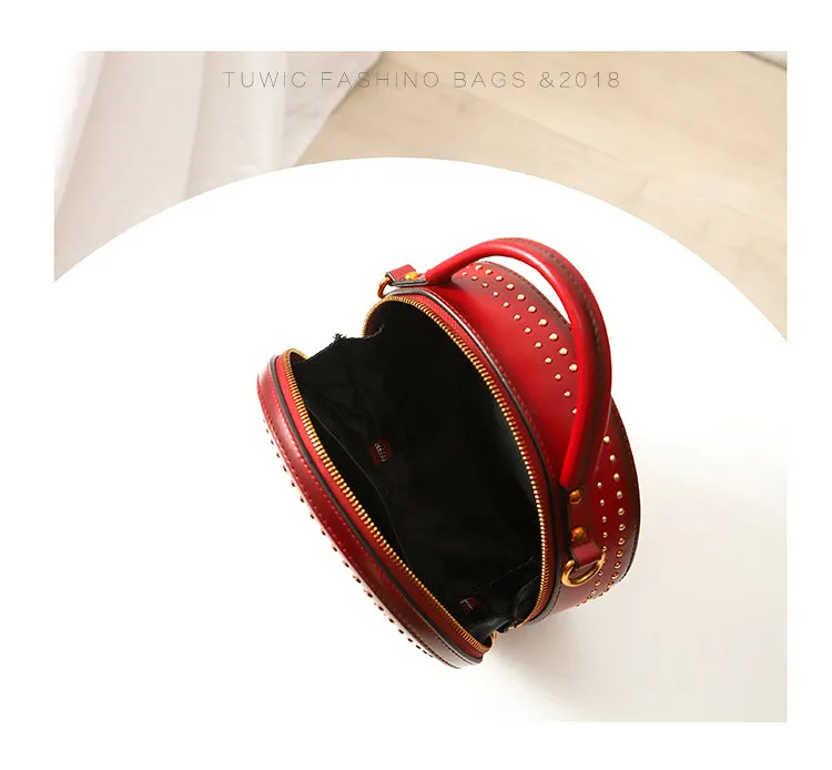 Studded Leather Round Handbag Clutch Bag Purse