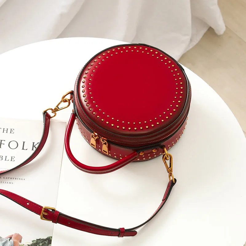 Studded Leather Round Handbag Clutch Bag Purse