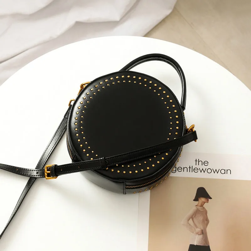 Studded Leather Round Handbag Clutch Bag Purse