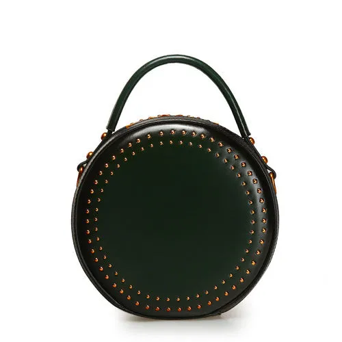 Studded Leather Round Handbag Clutch Bag Purse