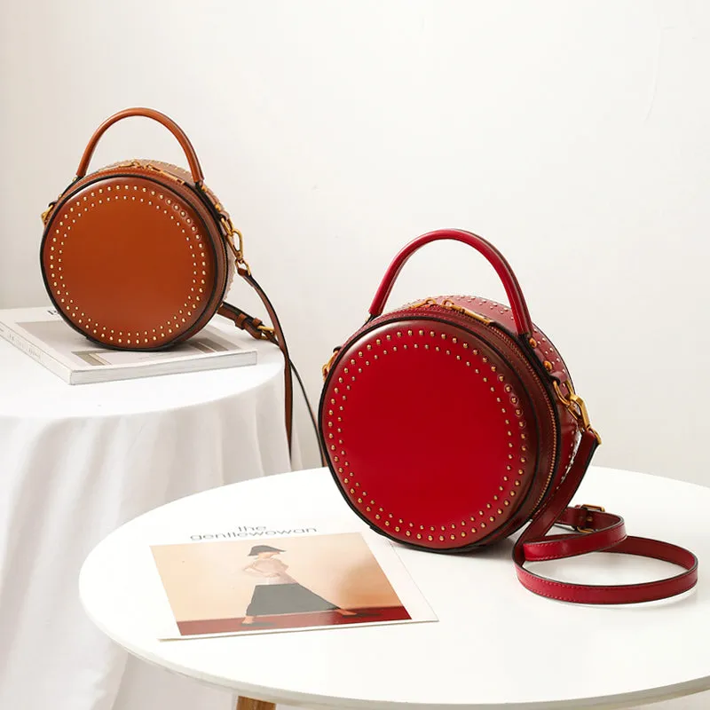 Studded Leather Round Handbag Clutch Bag Purse