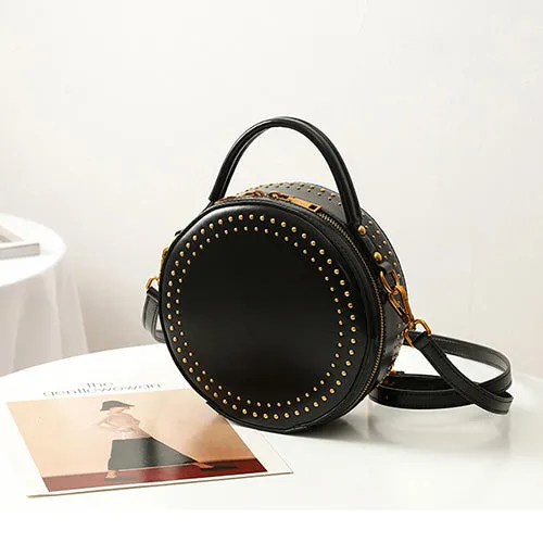 Studded Leather Round Handbag Clutch Bag Purse