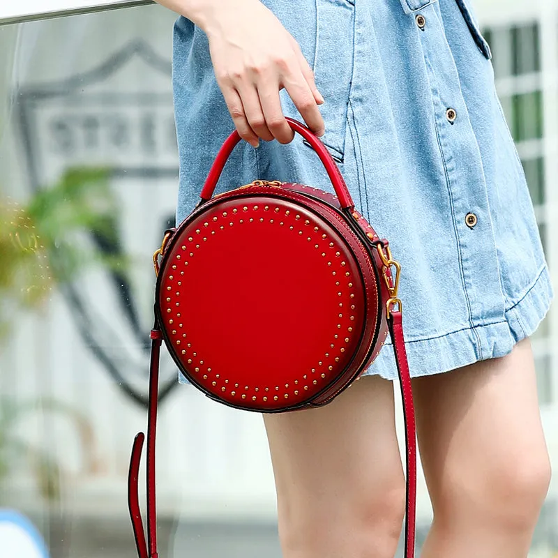 Studded Leather Round Handbag Clutch Bag Purse