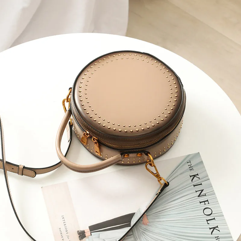 Studded Leather Round Handbag Clutch Bag Purse