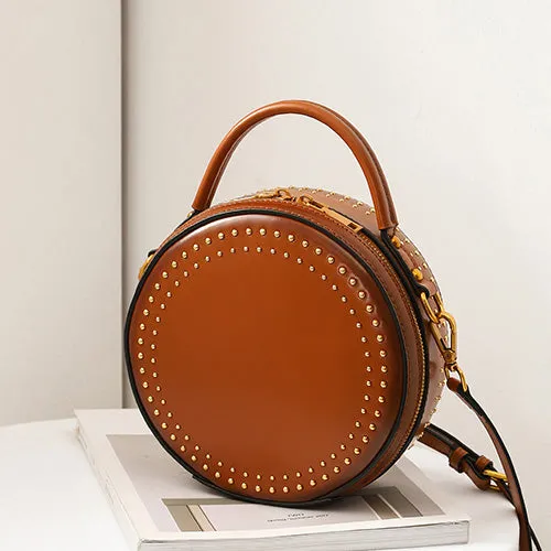 Studded Leather Round Handbag Clutch Bag Purse