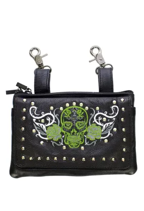 Studded Lime Green & White Sugar Skull Naked Cowhide Leather Belt Bag