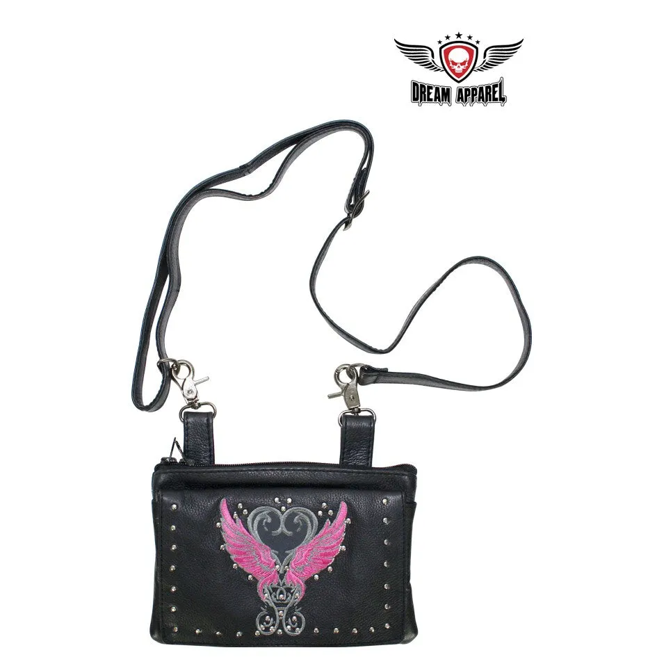 Studded Naked Cowhide Leather Belt Bag with Pink Wings