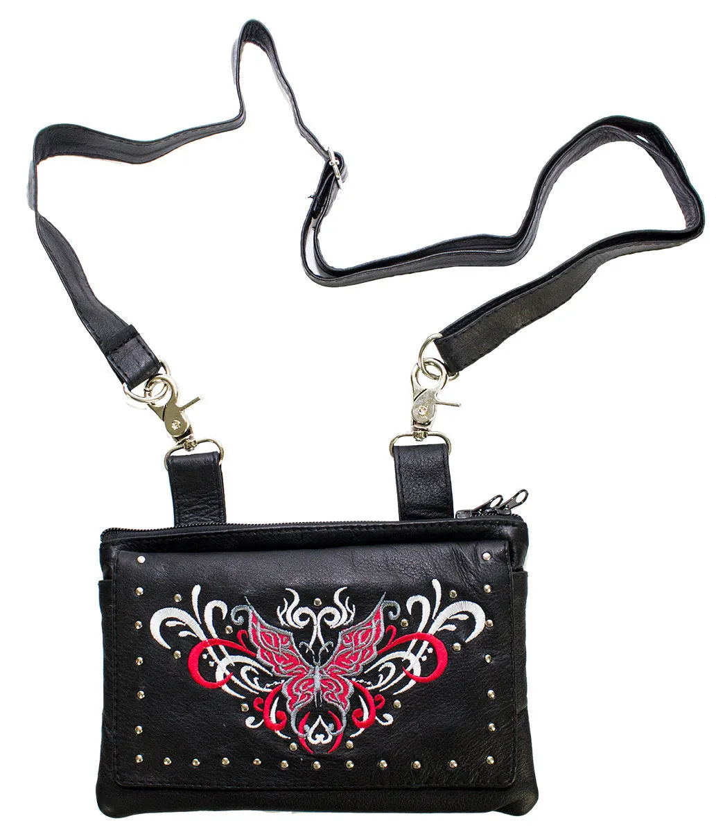 Studded Red & White Butterfly Naked Cowhide Leather Belt Bag