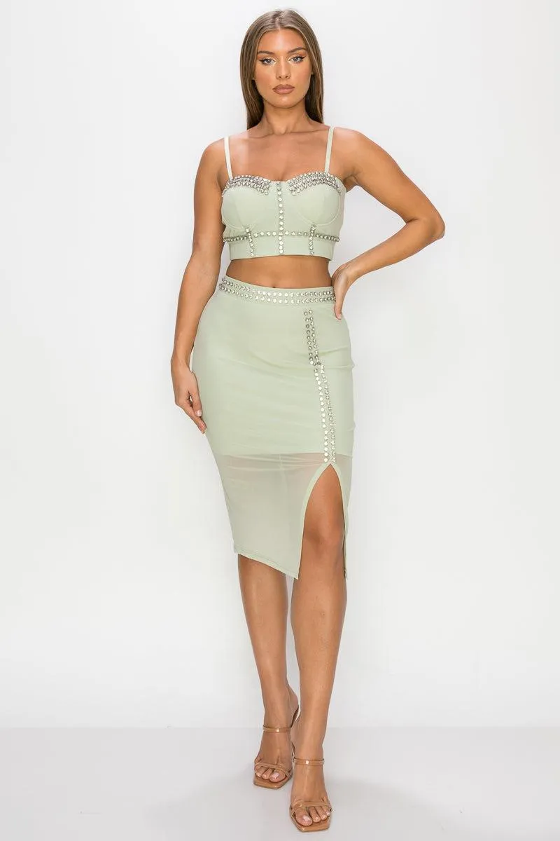 Studded Stone Cami Top & Slit Mini Skirts Set