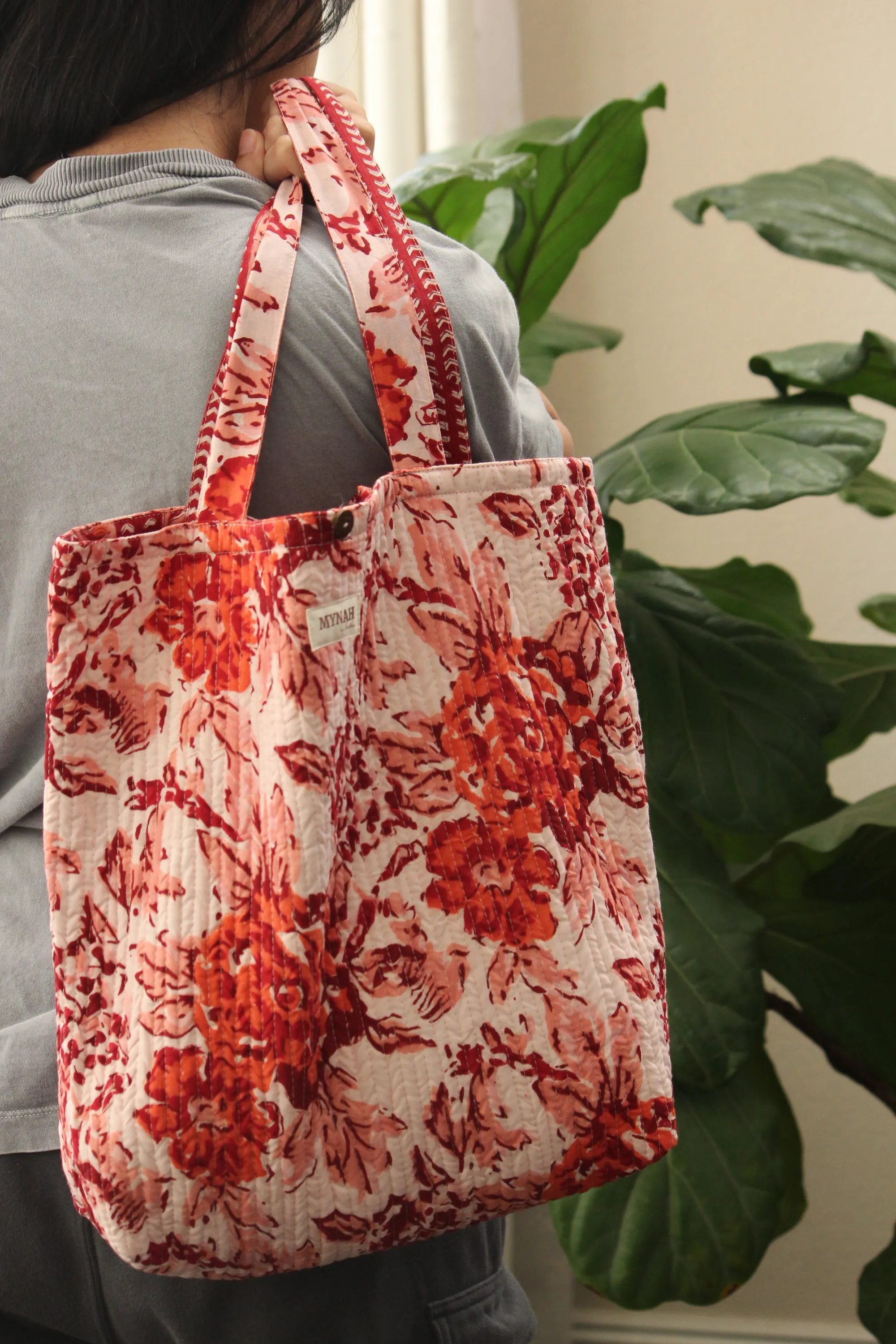 Terracotta floral print tote bag-Small laptop size