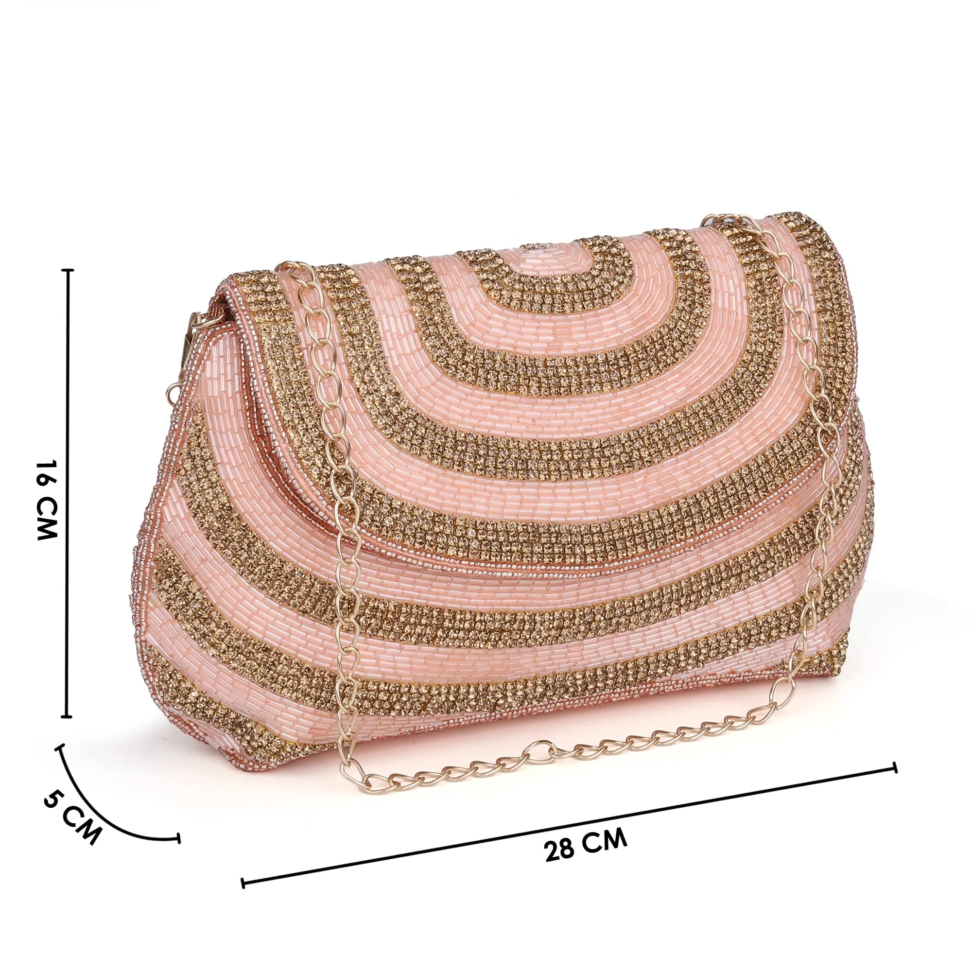 THE CLOWNFISH Shyna Collection Womens Party Clutch Ladies Wallet Evening Bag Fashionable Round Corners Beads Work Floral Design with Chain Strap (Pink)