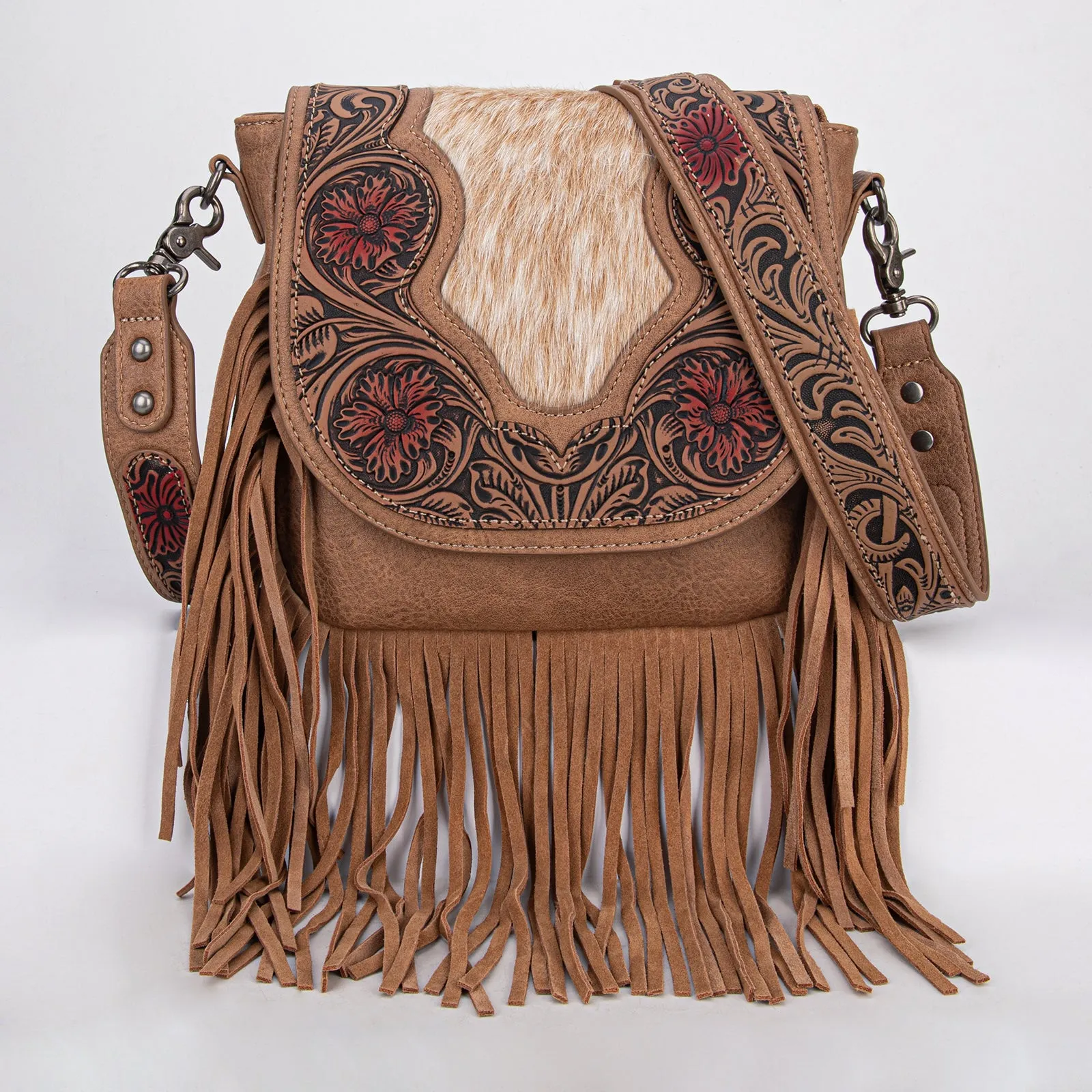 TR187-8360  Trinity Ranch Genuine Hair-On Cowhide Tooled Fringe  Crossbody Bag- Tan