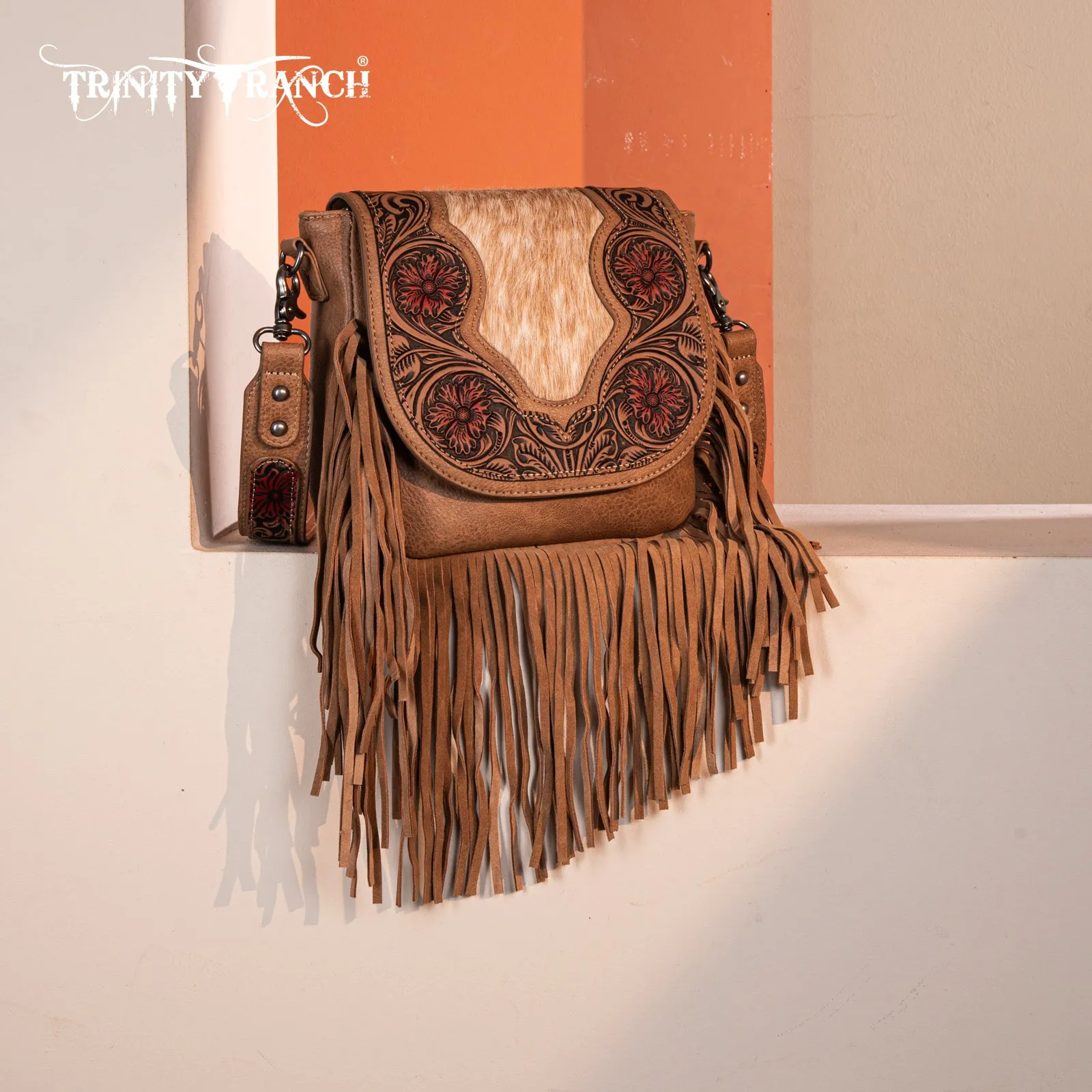 TR187-8360  Trinity Ranch Genuine Hair-On Cowhide Tooled Fringe  Crossbody Bag- Tan