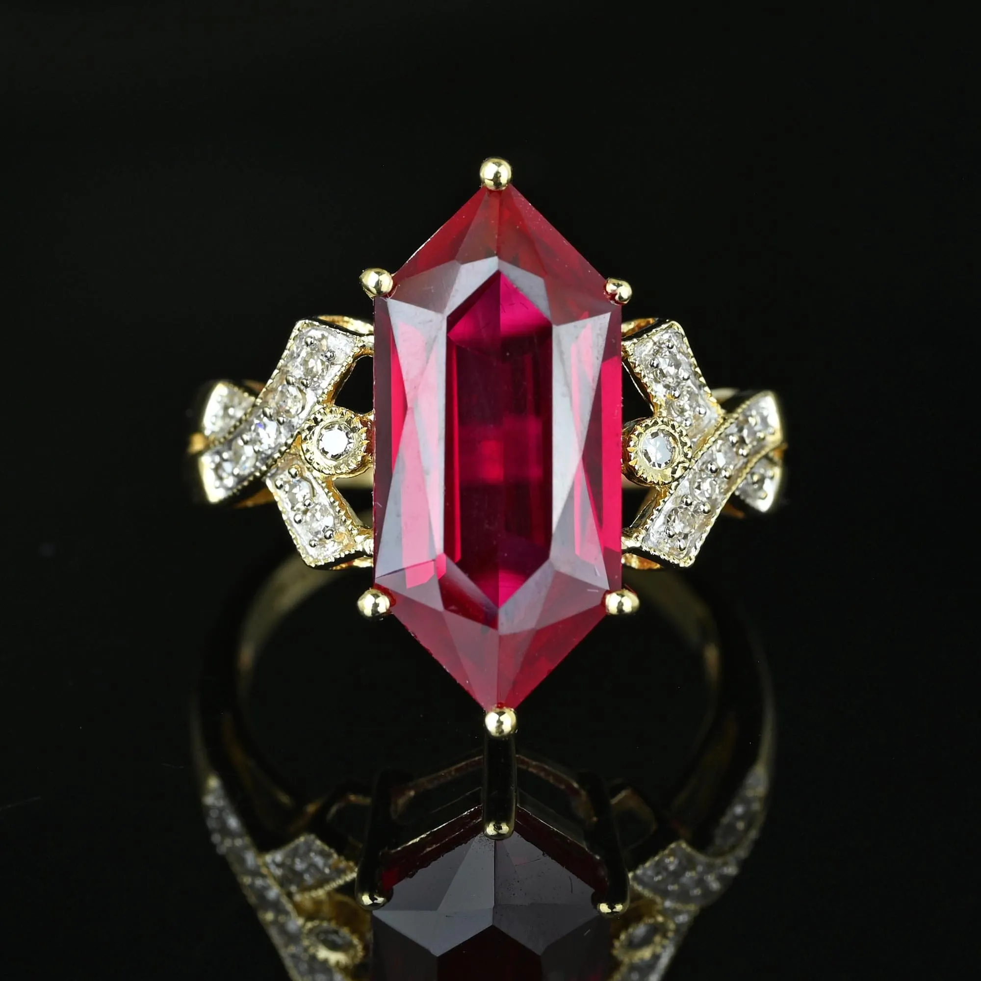 Vintage Fancy Cut Hexagon Ruby and Diamond Accent Ring