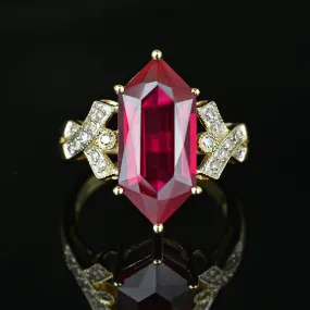 Vintage Fancy Cut Hexagon Ruby and Diamond Accent Ring