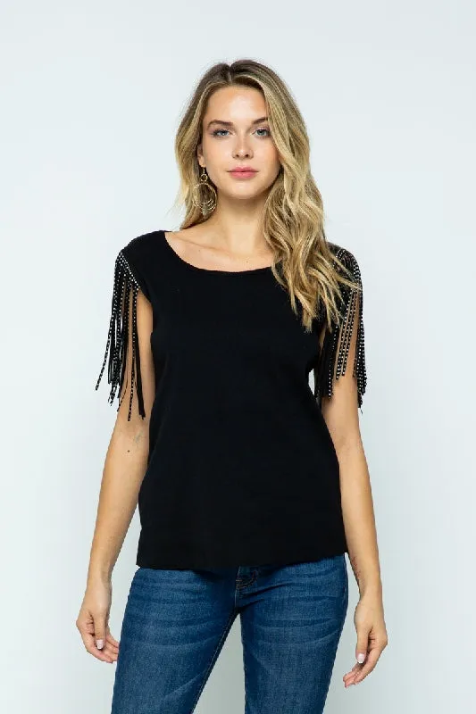 Vocal Shoulder Drape Studded Fringe Top - Black