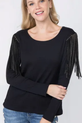 Vocal Shoulder Studded Fringe Long Sleeve Top - Black