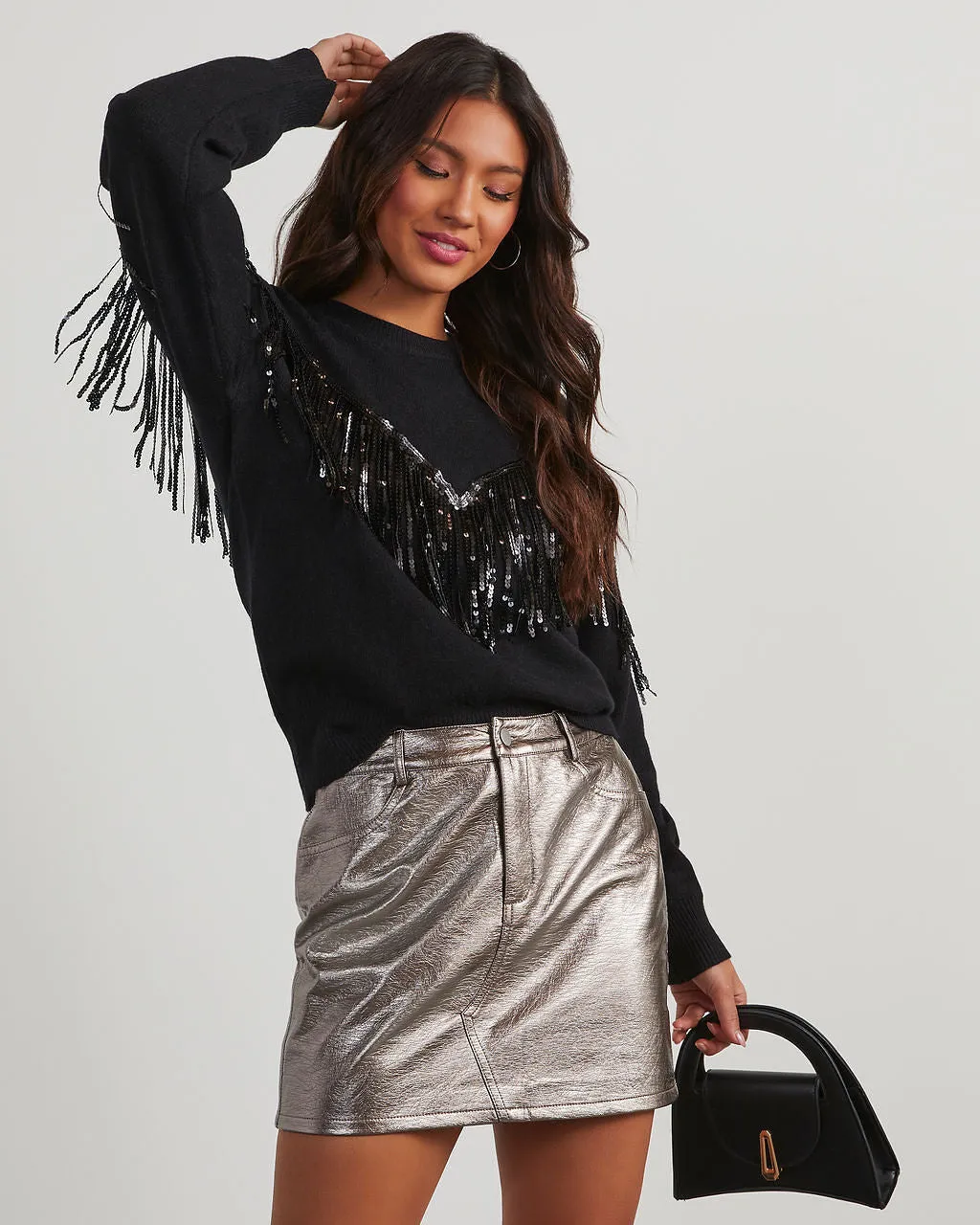 Western Glam Knit Fringe Sequin Pullover Sweater