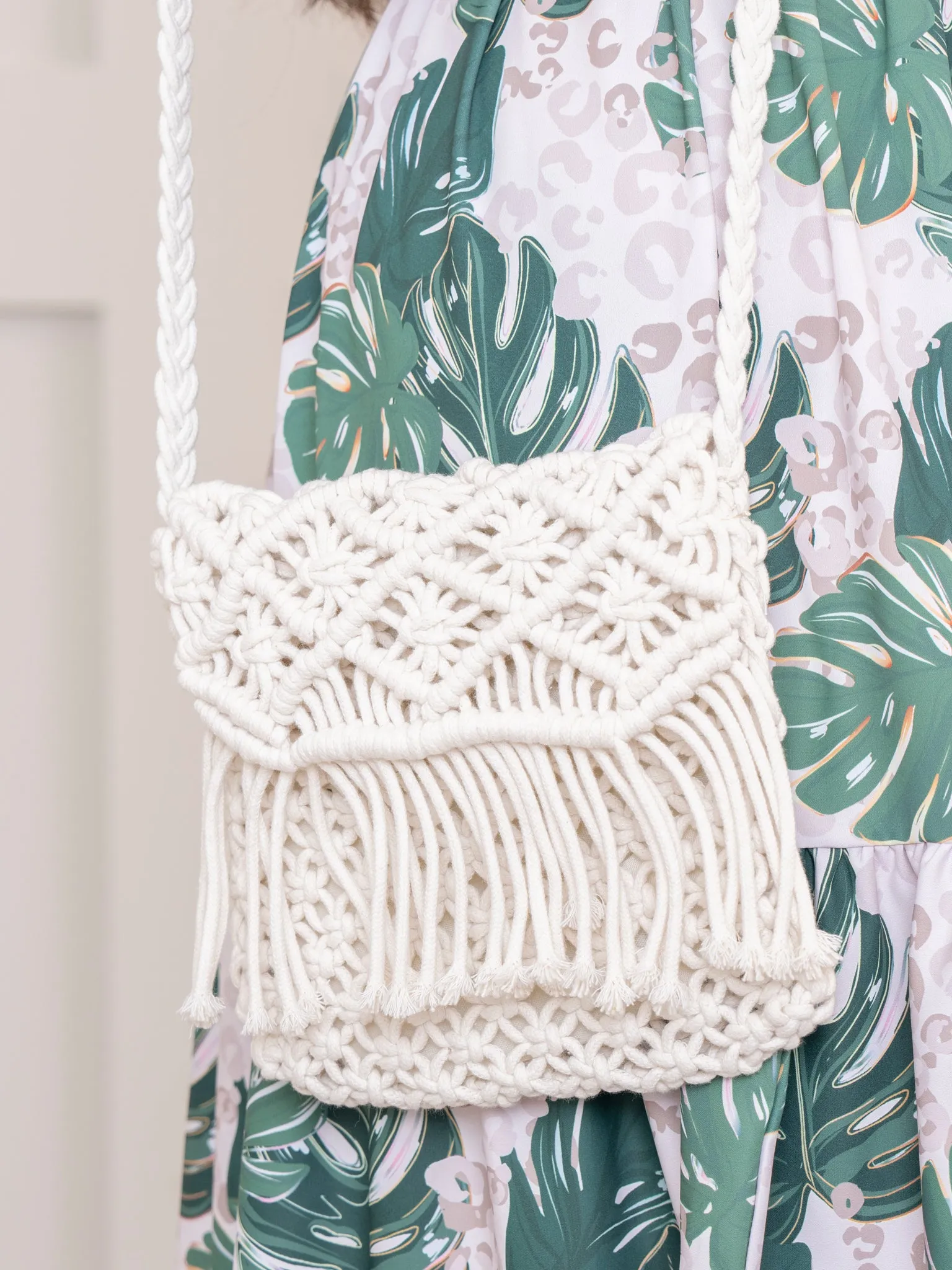 White Fringe Woven Crossbody Purse