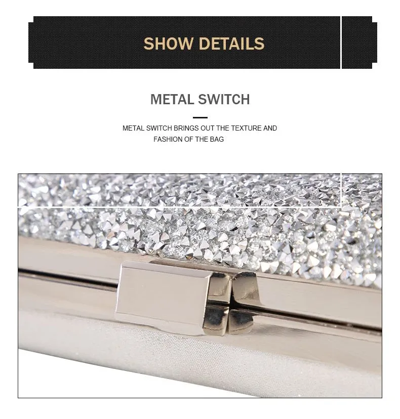 Women Crystal Diamond Sequin Clutch Bag With Chains Black/Gold Silver