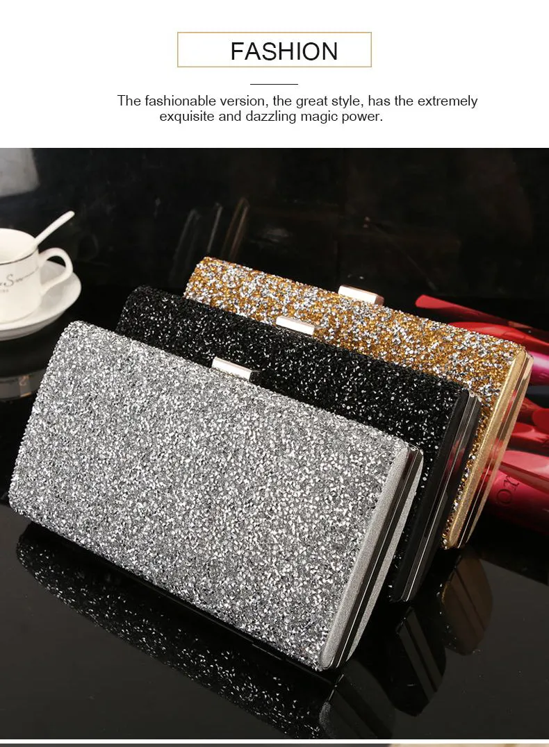 Women Crystal Diamond Sequin Clutch Bag With Chains Black/Gold Silver