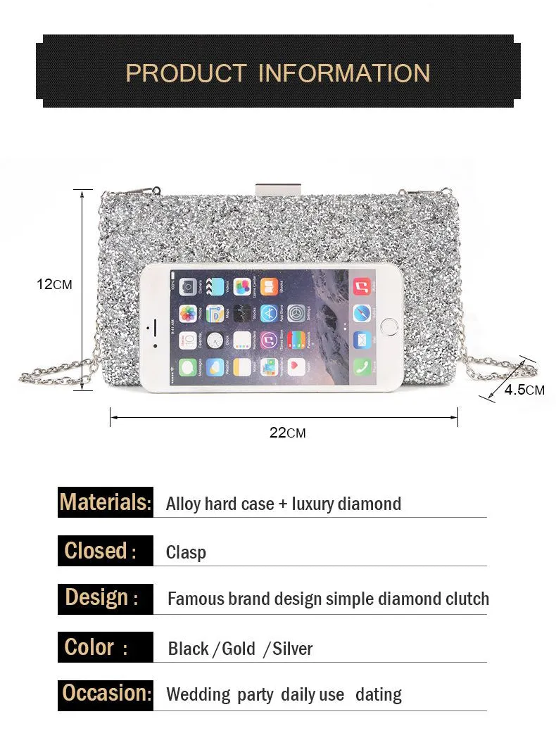 Women Crystal Diamond Sequin Clutch Bag With Chains Black/Gold Silver