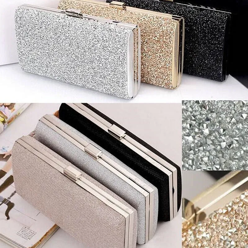 Women Crystal Diamond Sequin Clutch Bag With Chains Black/Gold Silver