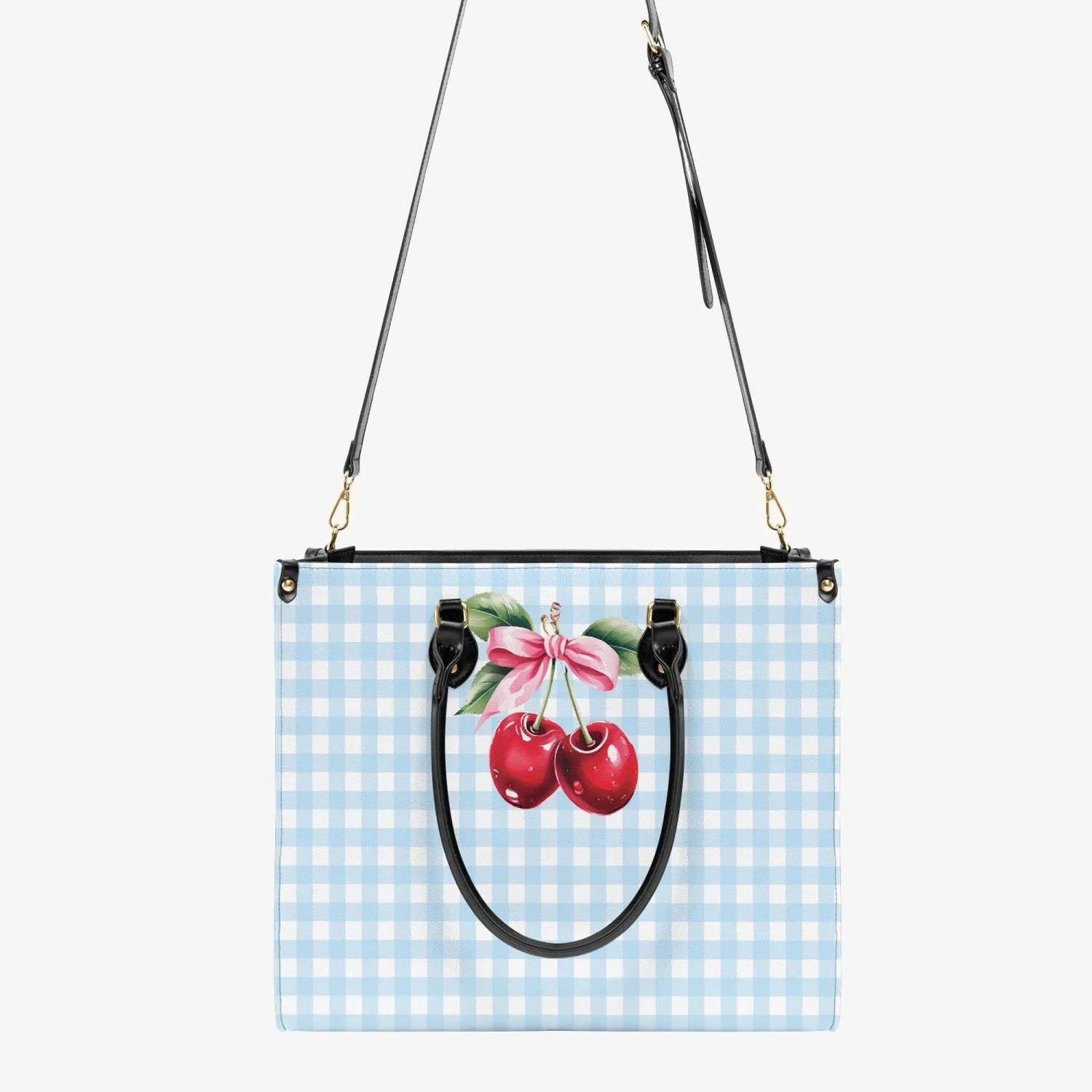 Women's Tote Bag - Rockabilly - Cherries Light Blue Plaid