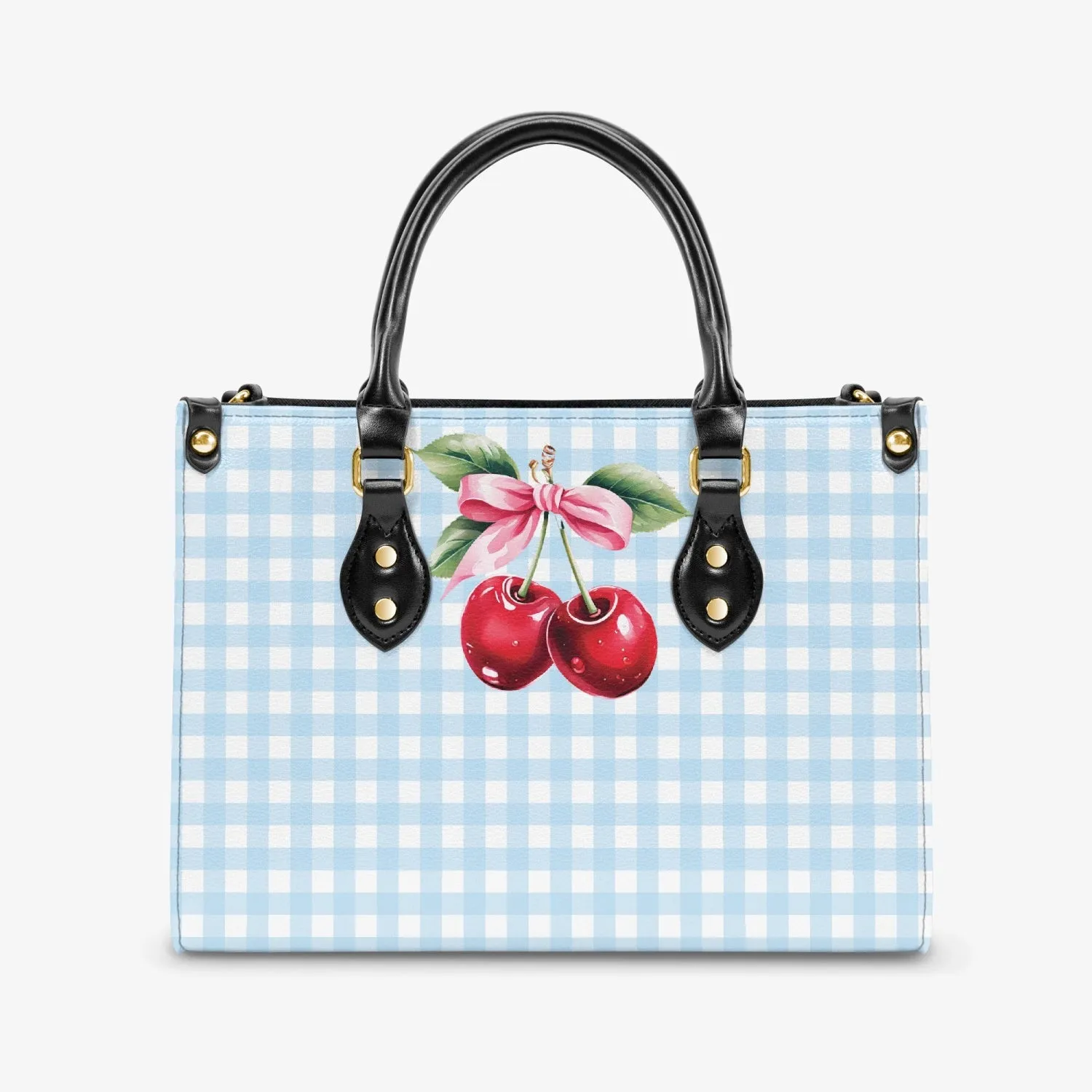 Women's Tote Bag - Rockabilly - Cherries Light Blue Plaid