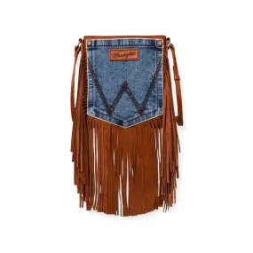 Wrangler Leather Fringe Jean Denim Pocket Crossbody Bag - Brown/Acid Wash