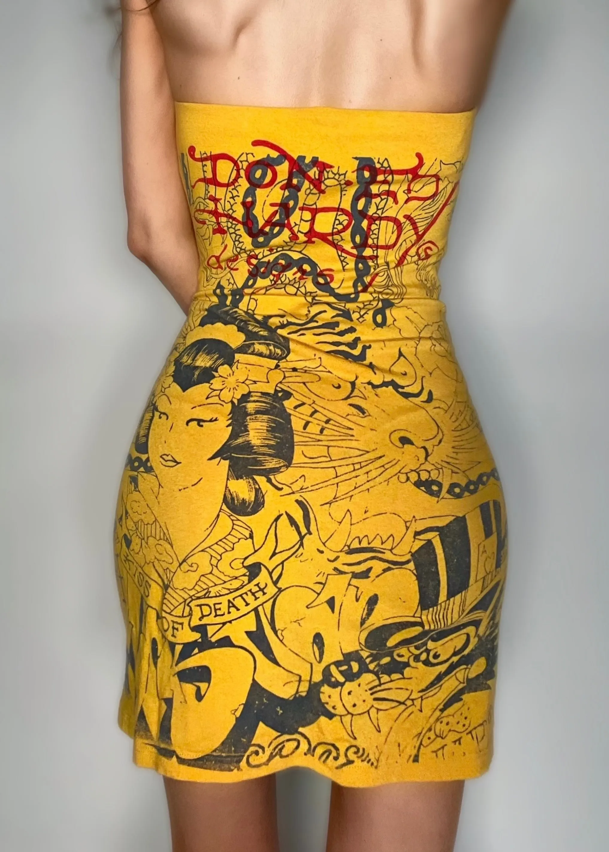 Y2K Ed Hardy Canary Diamanté Tiger Tube Mini Dress | Coquette