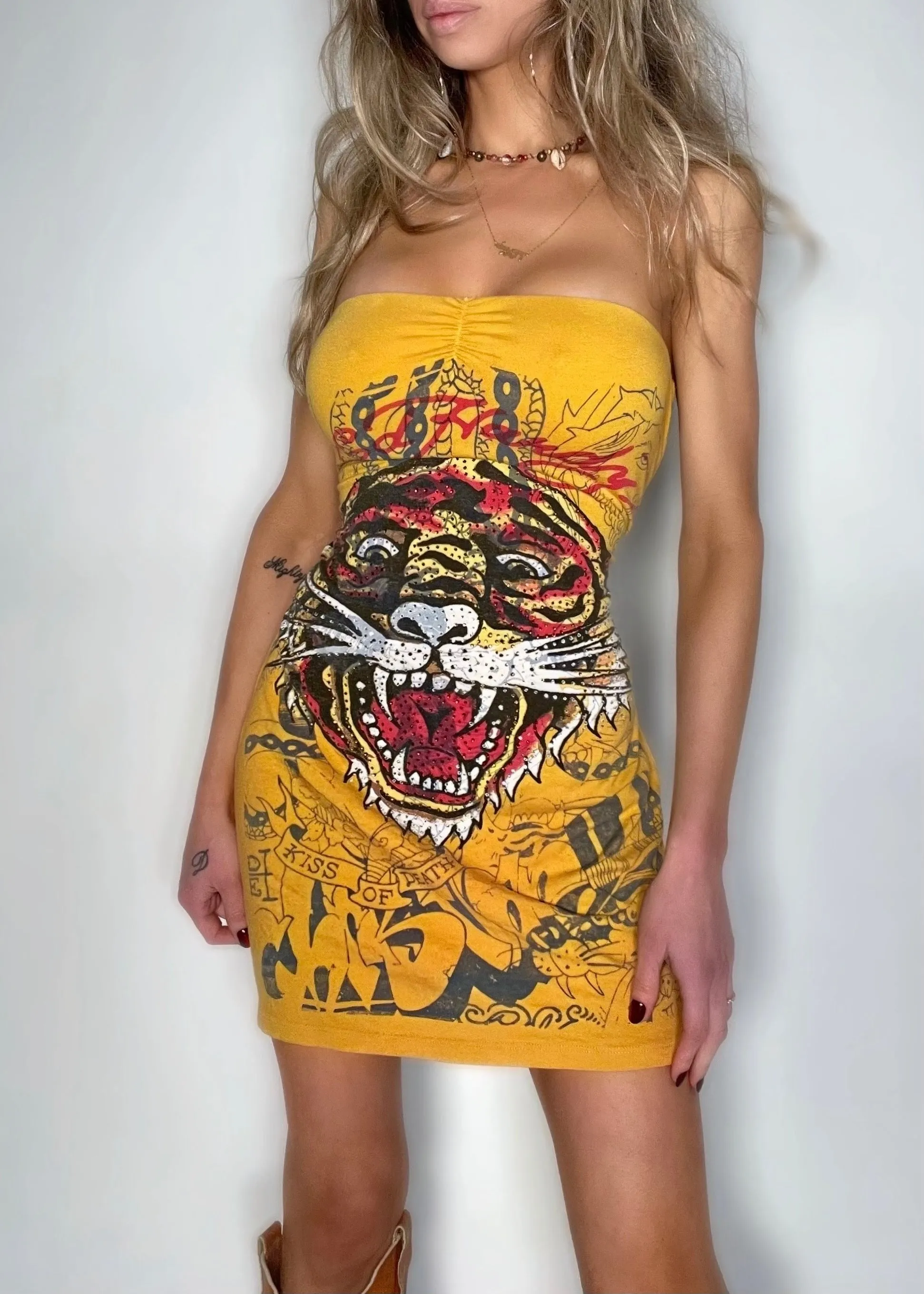 Y2K Ed Hardy Canary Diamanté Tiger Tube Mini Dress | Coquette